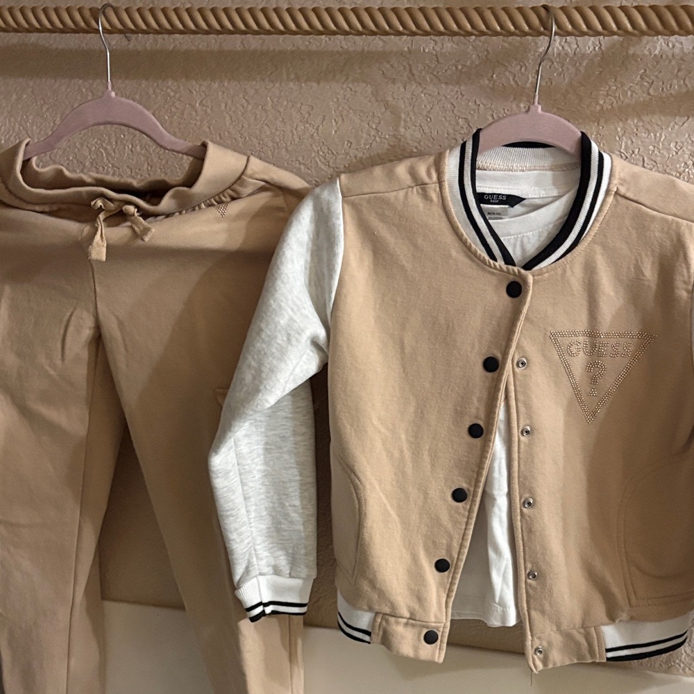 Guess Kids Beige and White Varsity Jacket